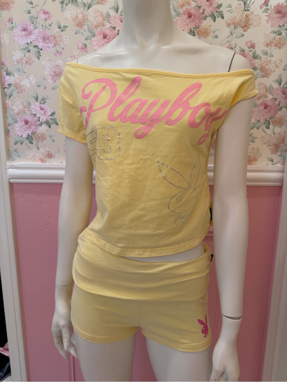 PLAYBOY Yellow Off-Shoulder Two-Piece Lounge Set with Pink Logo